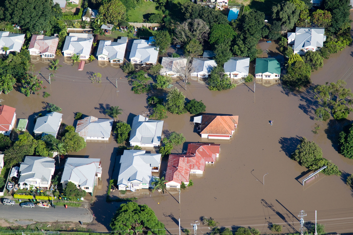 aerial view of water damage and flooding of neighborhood
