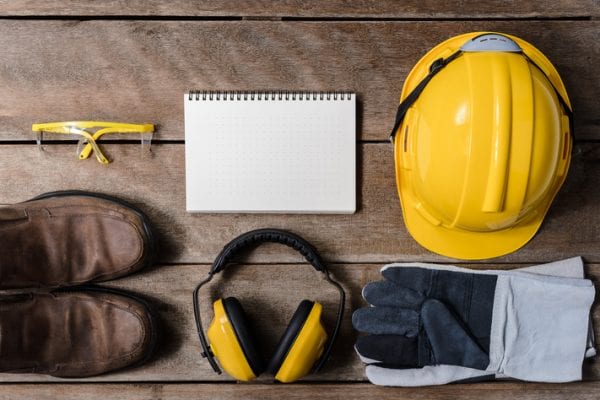 personal protective equipment including hard hat, gloves, eye protection, and shoes